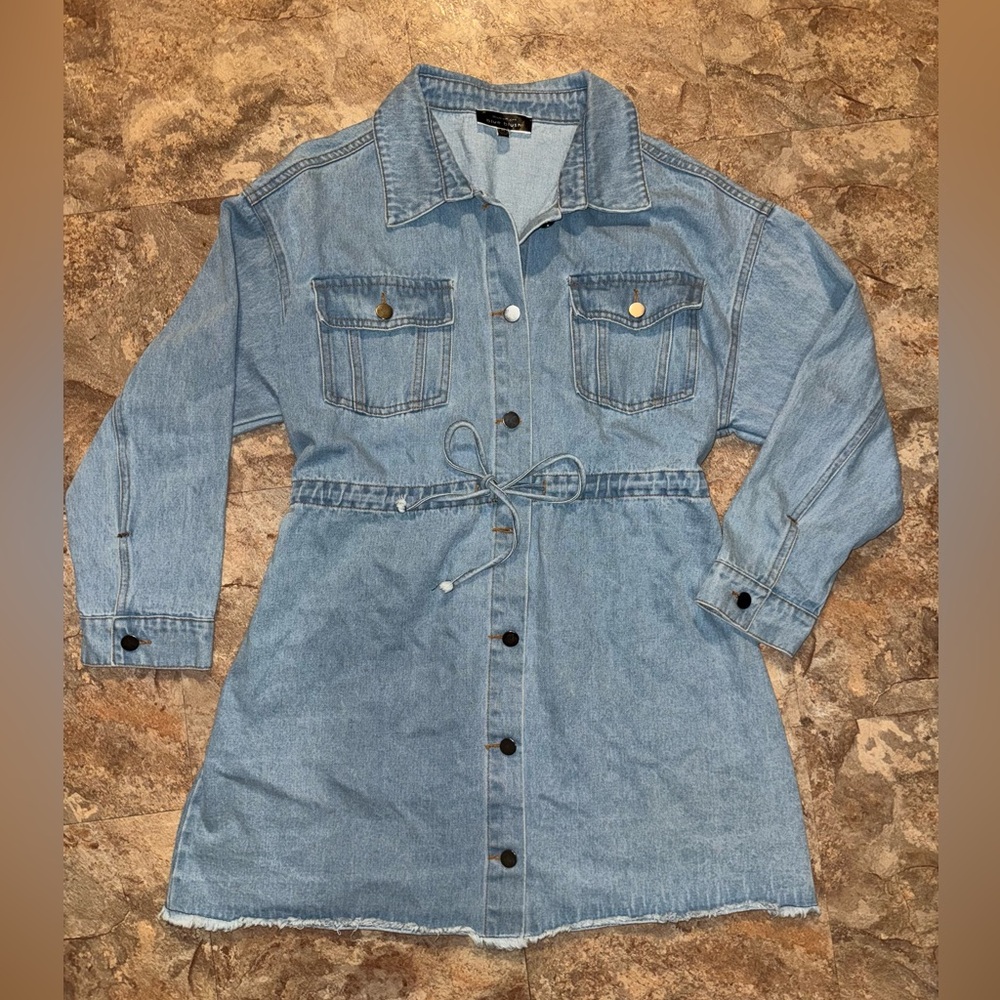BLUE BLUSH Denim Button-Up Dress with Drawstring Waist